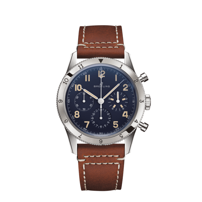 Breitling Avi 1953 Edition Platinum Chronograph Blue Dial Brown Leather Strap Watch for Men - LB0920131C1X1