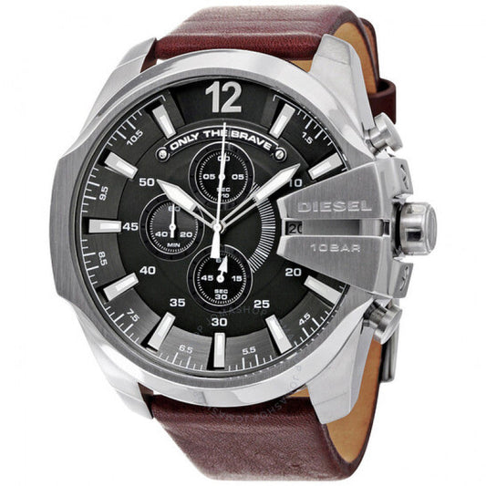 Diesel Mega Chief Black & Silver Round Dial Brown Leather Watch For Men - DZ4290