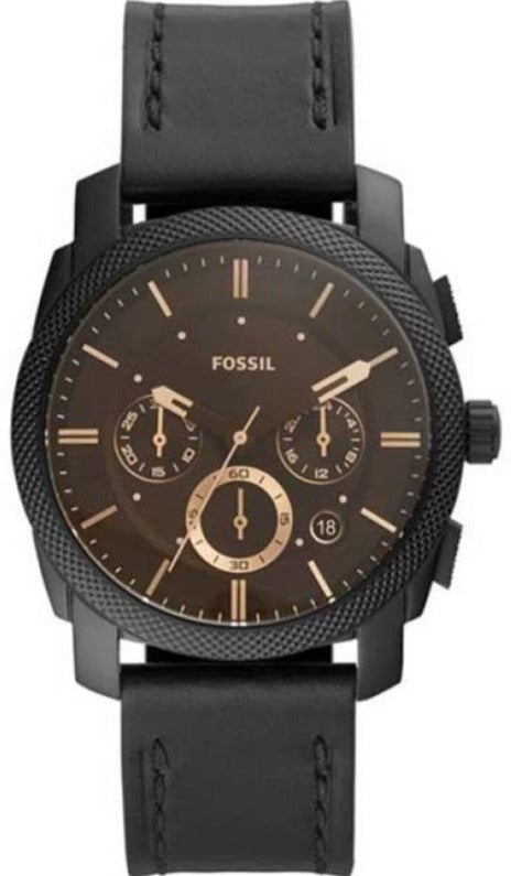 Fossil Machine Chronograph Black Dial Black Leather Strap Watch for Men - FS5586