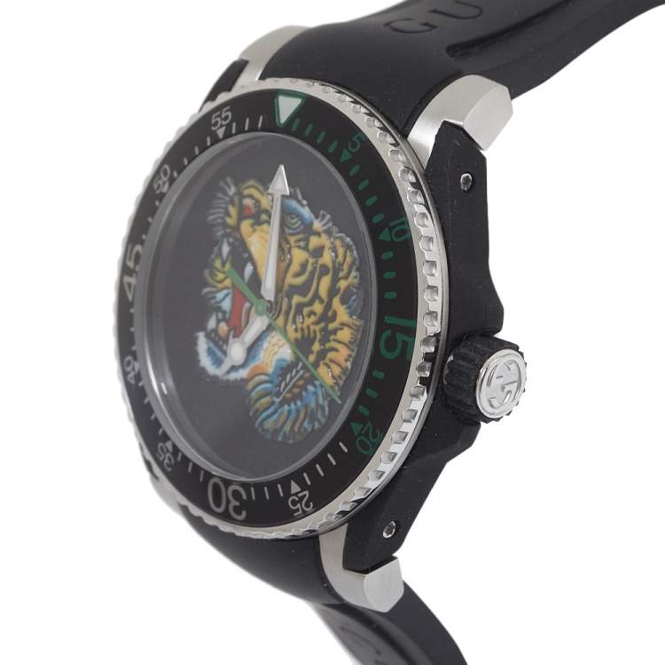 Gucci Dive Embroidered Tiger Motif Black Dial Black Rubber Strap Watch For Men - YA136318