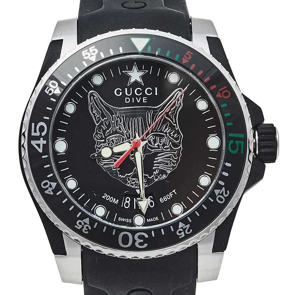 Gucci Dive Feline Quartz Black Dial Black Rubber Strap Watch For Men - YA136320