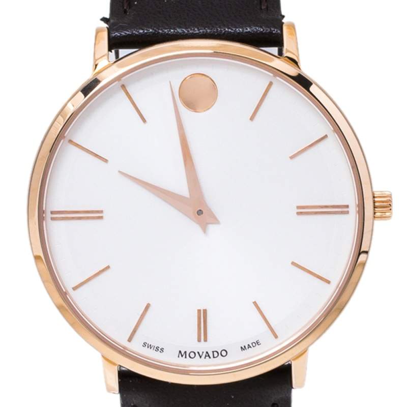 Movado Ultra Slim White Dial Brown Leather Strap Watch For Men - 0607089