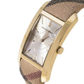 Burberry Pioneer Gold Dial Haymarket Beige Leather Strap Watch for Women - BU9407