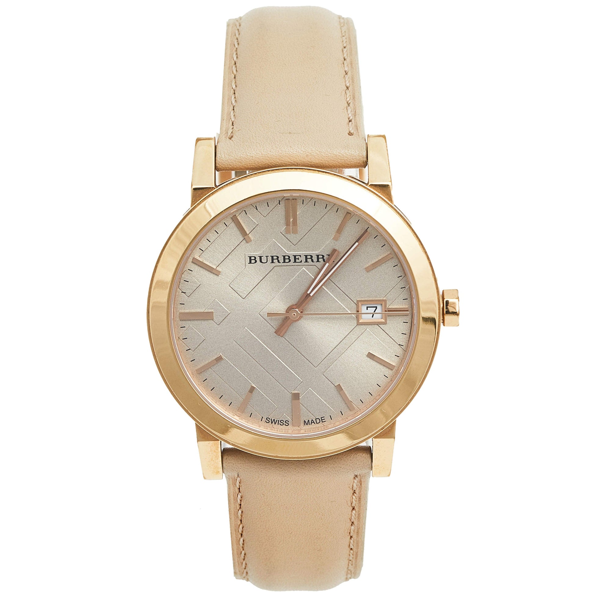 Burberry The City Rose Gold Dial Beige Leather Strap Watch for Women - BU9014