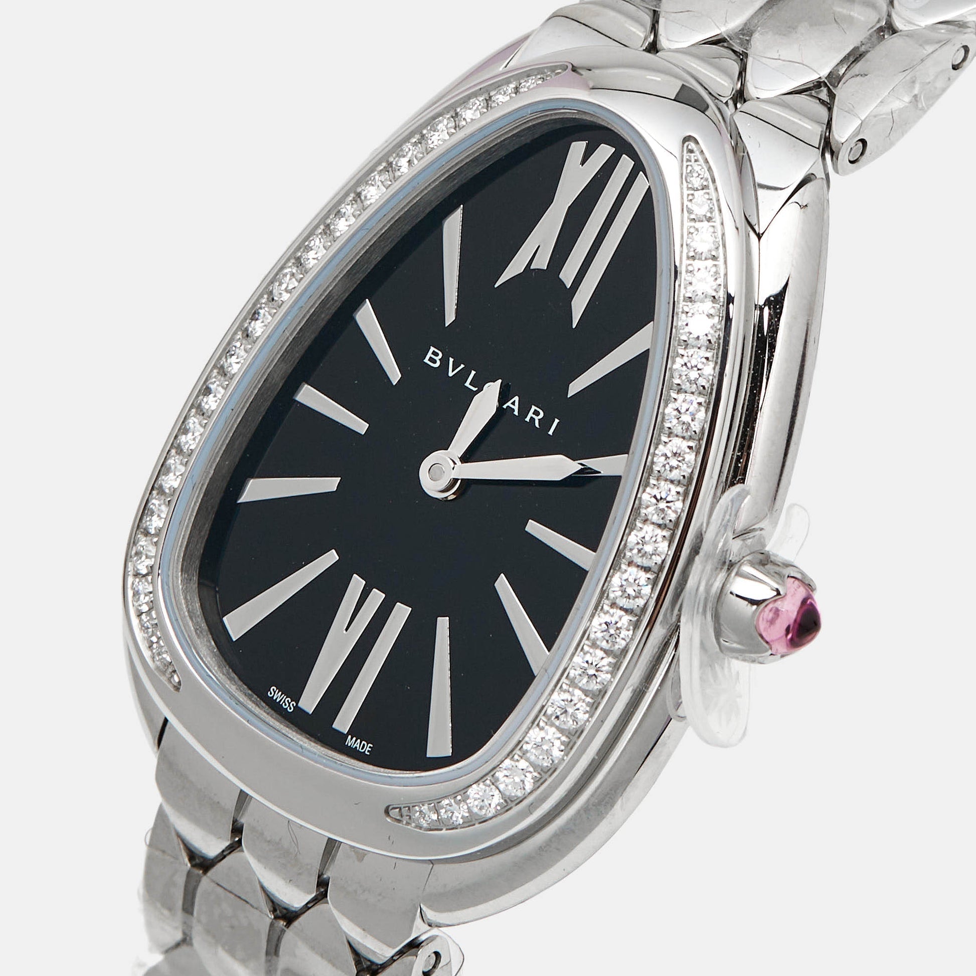 Bvlgari Serpenti Seduttori Diamonds Black Dial Silver Steel Strap Watch for Women - SERPENTI103449