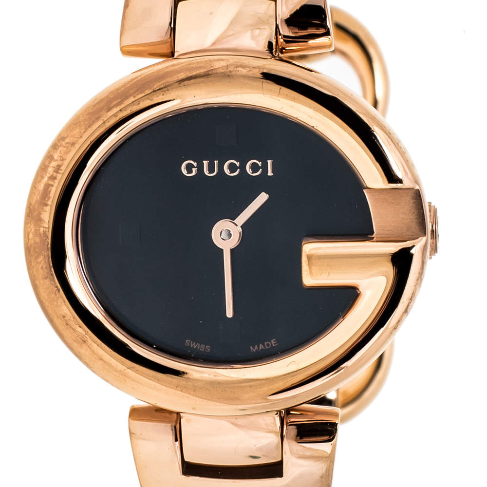 Gucci Guccissima Quartz Black Dial Rose Gold Steel Strap Watch For Women - YA134509