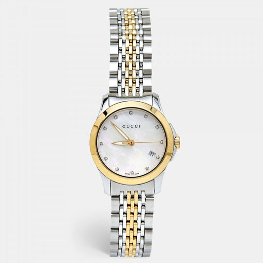 Gucci G Timeless Diamonds Mother of Pearl White Dial Two Tone Mesh Bracelet Watch For Women - YA126413