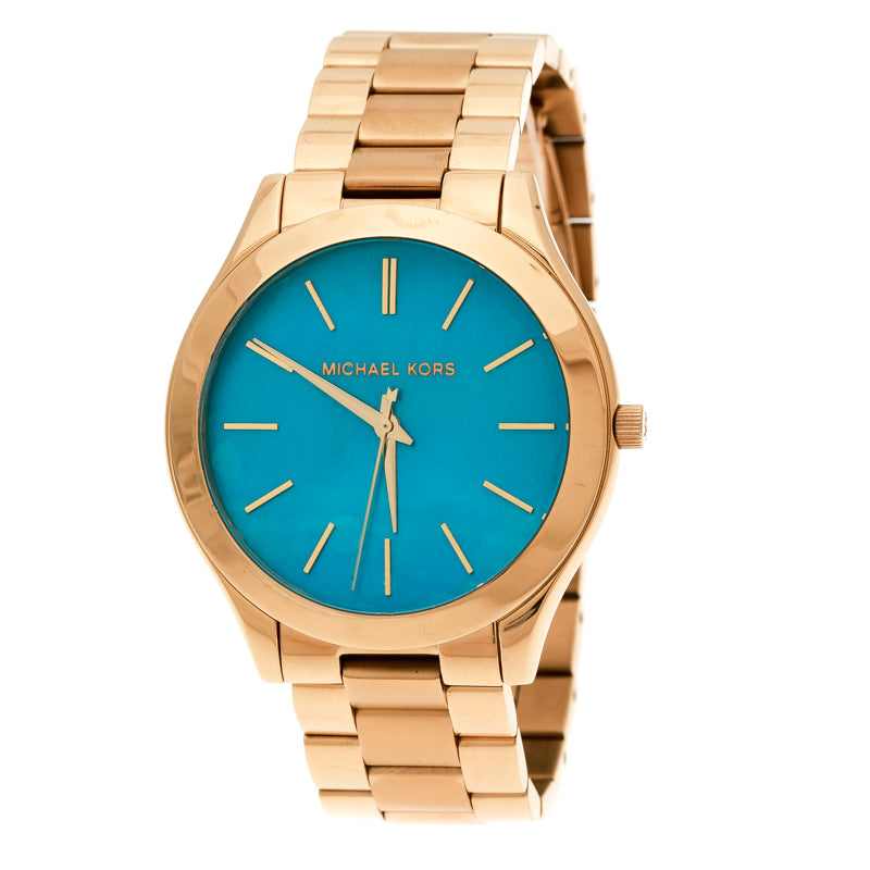 Michael Kors Slim Runway Blue Mother of Pearl Dial Gold Steel Strap Watch for Women - MK3492