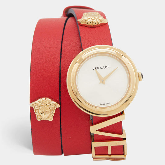 Versace V-Flare Quartz Silver Dial Red Leather Strap Watch for Women - VEBN00418