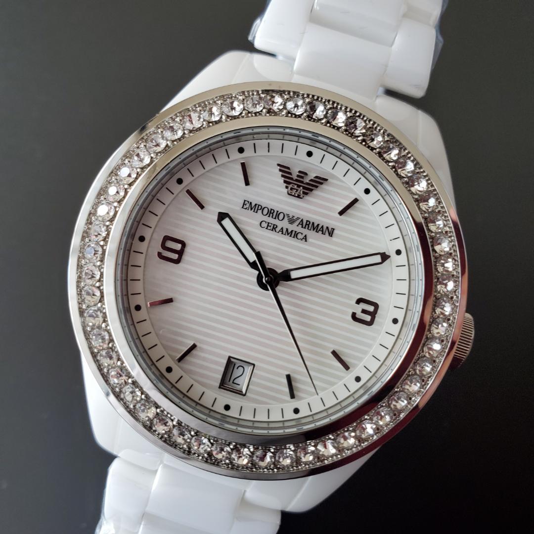 Emporio Armani Ceramica Mother of Pearl White Dial White Steel Strap Watch For Women - AR1426