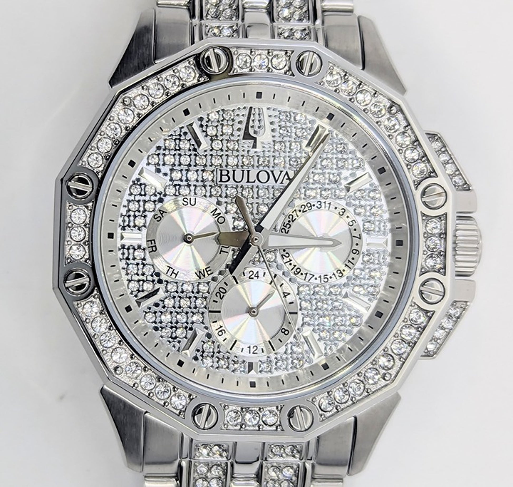 Bulova Crystal Collection Pave Crystals  Silver Dial Silver Steel Strap Watch for Men - 96C134