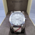 Burberry The City Nova White Dial Checked Brown Leather Strap Watch for Men - BU9357