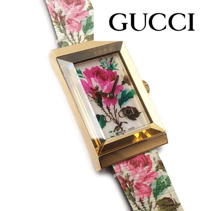 Gucci G-Frame Floral Ivory Dial White Leather Strap Watch For Women - YA147406