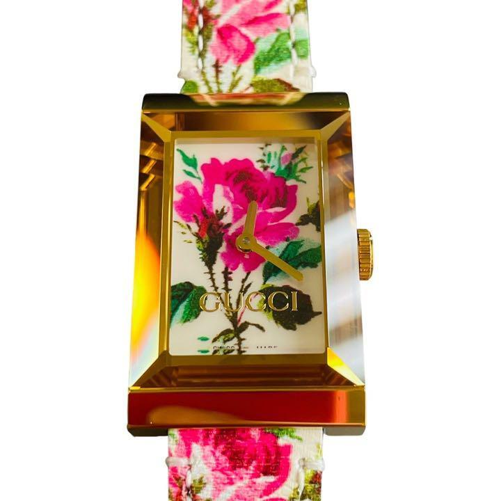 Gucci G-Frame Floral Ivory Dial White Leather Strap Watch For Women - YA147406
