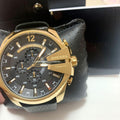 Diesel Mega Chief Gold & Black Dial Black Leather Strap Watch For Men - DZ4344