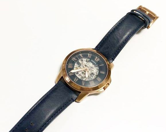 Fossil Grant Automatic Skeleton Navy Blue Dial Navy Blue Leather Strap Watch for Men - ME3102