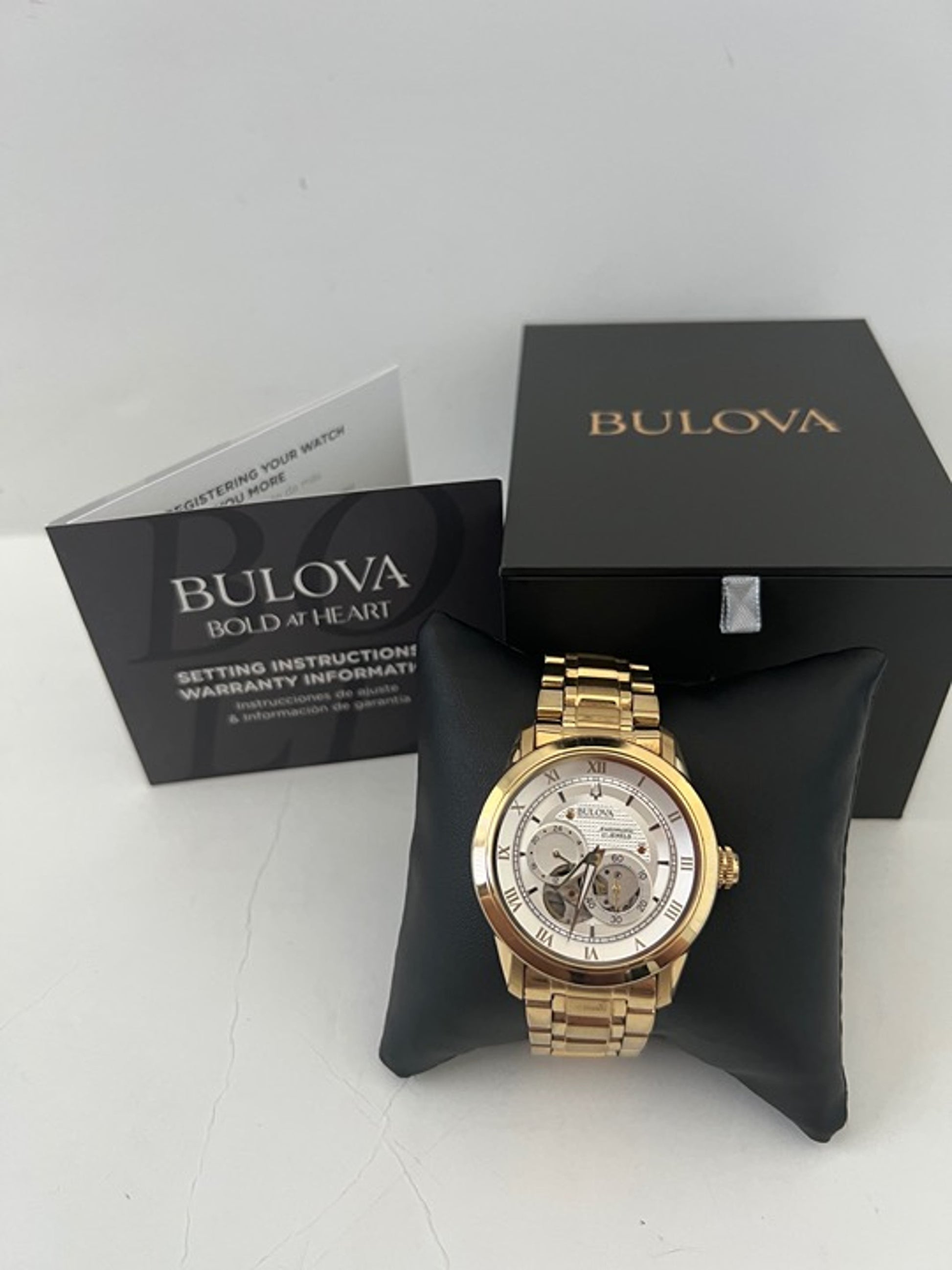 Bulova BVA Skeleton Silver Dial Gold Steel Strap Watch for Men - 97A108