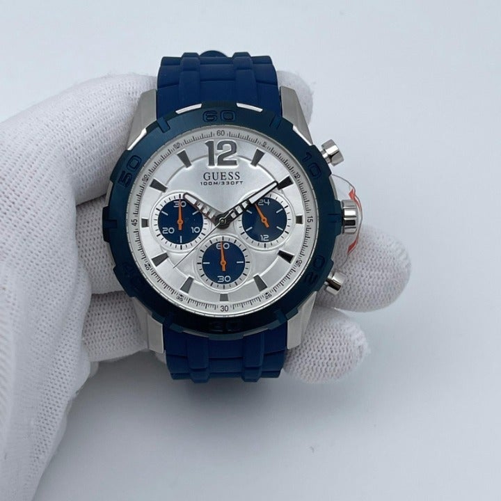 Guess Caliber Chronograph White Dial Blue Rubber Strap Watch for Men - W0864G6