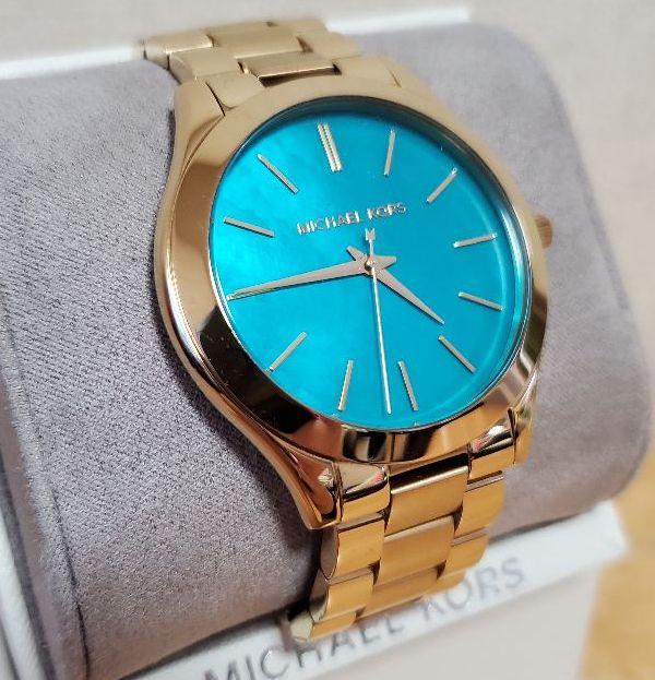 Michael Kors Slim Runway Blue Mother of Pearl Dial Gold Steel Strap Watch for Women - MK3492