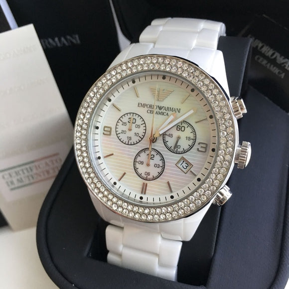 Emporio Armani Ceramica Chronograph White Dial White Ceramic Strap Watch For Women - AR1456