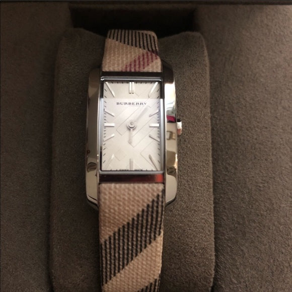 Burberry The Pioneer Silver Dial Haymarket Beige Leather Strap Watch for Women - BU9406