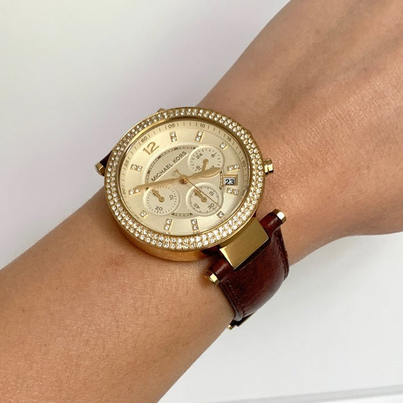 Michael Kors Parker Champagne Dial Brown Leather Strap Watch for Women - MK2249