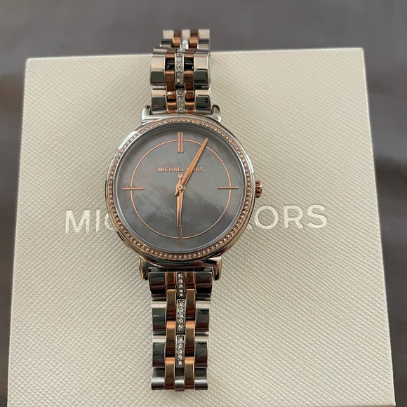 Michael Kors Cinthia Grey Mother of Pearl Dial Two Tone Steel Strap Watch for Women - MK3642