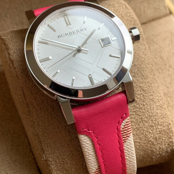 Burberry The City White Dial Pink Haymarket Leather Strap Watch for Women - BU9149