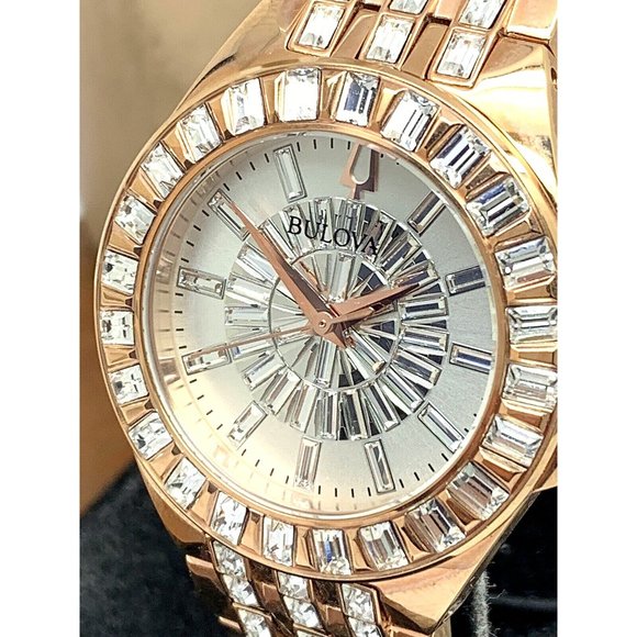 Bulova Phantom White Dial with Swarovski Baguettes Rose Gold Steel Strap Watch for Women - 98L268