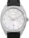 Gucci GG2570 Diamonds Silver Dial Black Leather Strap Watch For Women - YA142507