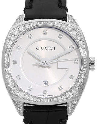 Gucci GG2570 Diamonds Silver Dial Black Leather Strap Watch For Women - YA142507