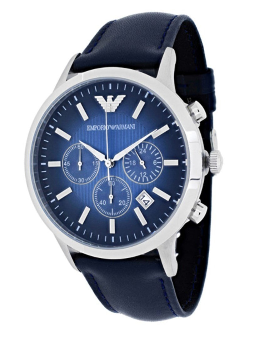 Emporio Armani Classic Chronograph Blue Dial Blue Leather Strap Watch For Men - AR2473