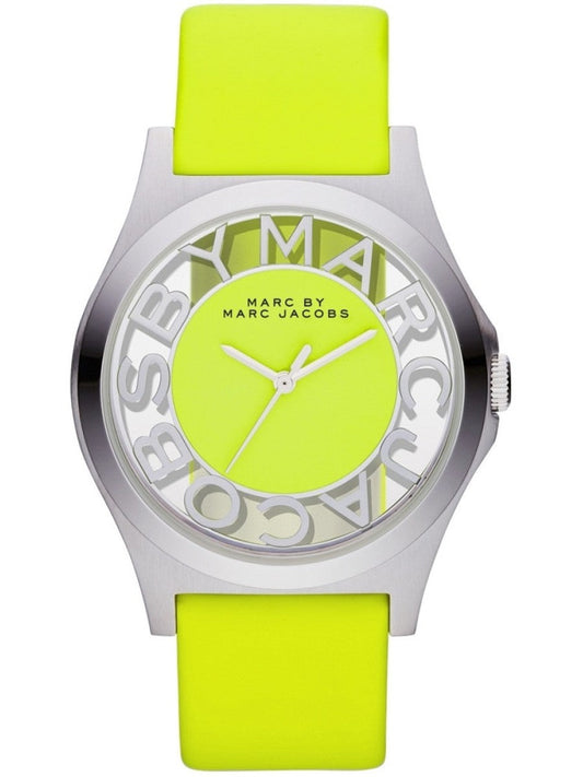 Marc Jacobs Henry Skeleton Neon Yellow Dial Leather Strap Watch for Women - MBM1242