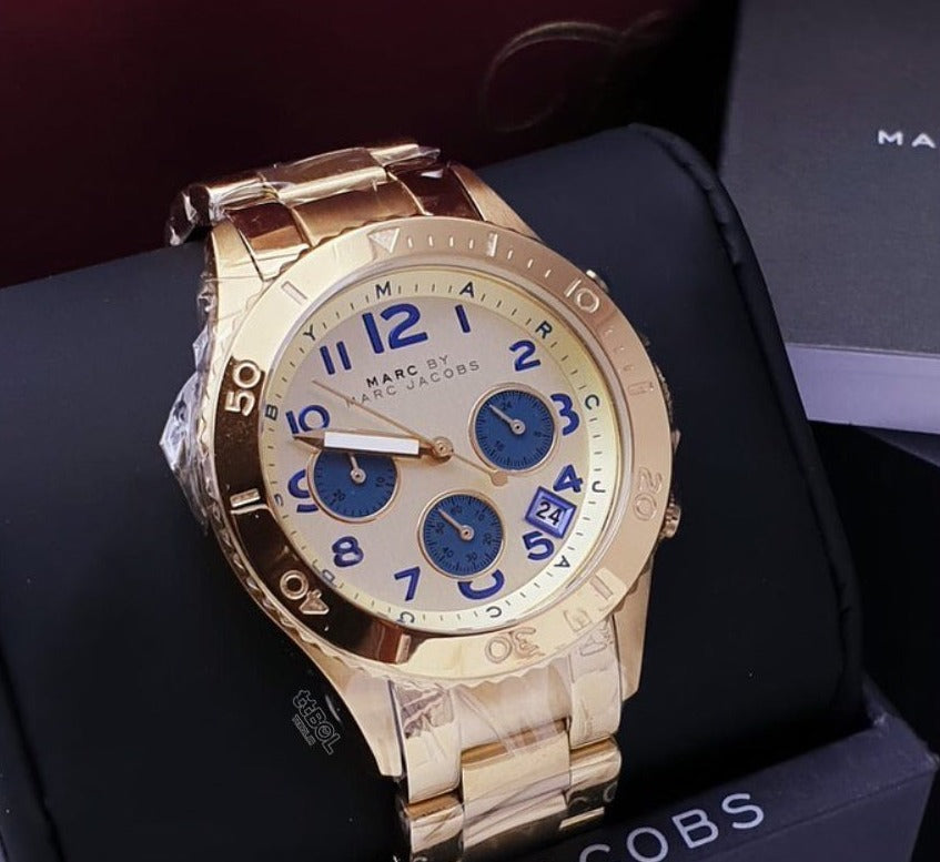 Marc Jacobs Rock Metal Chronograph Gold Dial Gold Steel Strap Watch for Men - MBM3158