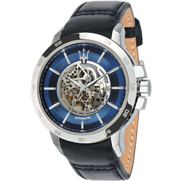 Maserati Ingegno Automatic Blue Skeleton Dial Black Leather Strap Watch For Men - R8821119004