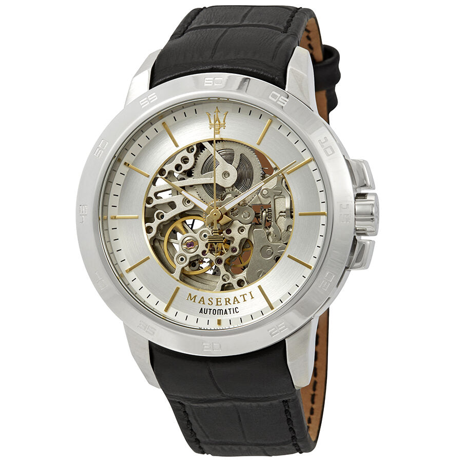 Maserati Ingegno Automatic Black Skeleton Dial Black Leather Strap Watch For Men - R8821119002