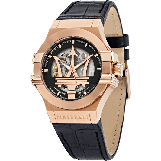 Maserati Potenza Automatic Skeleton Dial Rose Gold Black Leather Strap Watch For Men - R8821108039