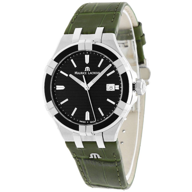 Maurice Lacroix Aikon Quartz Black Dial Green Crocodile Leather Strap Watch for Men - AI1008-PVB21-330-1