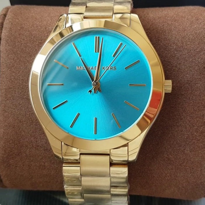 Michael Kors Slim Runway Blue Dial Gold Steel Strap Watch for Women - MK3265