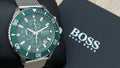 Hugo Boss Admiral Chronograph Green Dial Silver Mesh Bracelet Watch for Men - 1513905