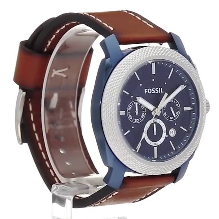 Fossil Machine Chronograph Blue Dial Brown Leather Strap Watch for Men - FS5232