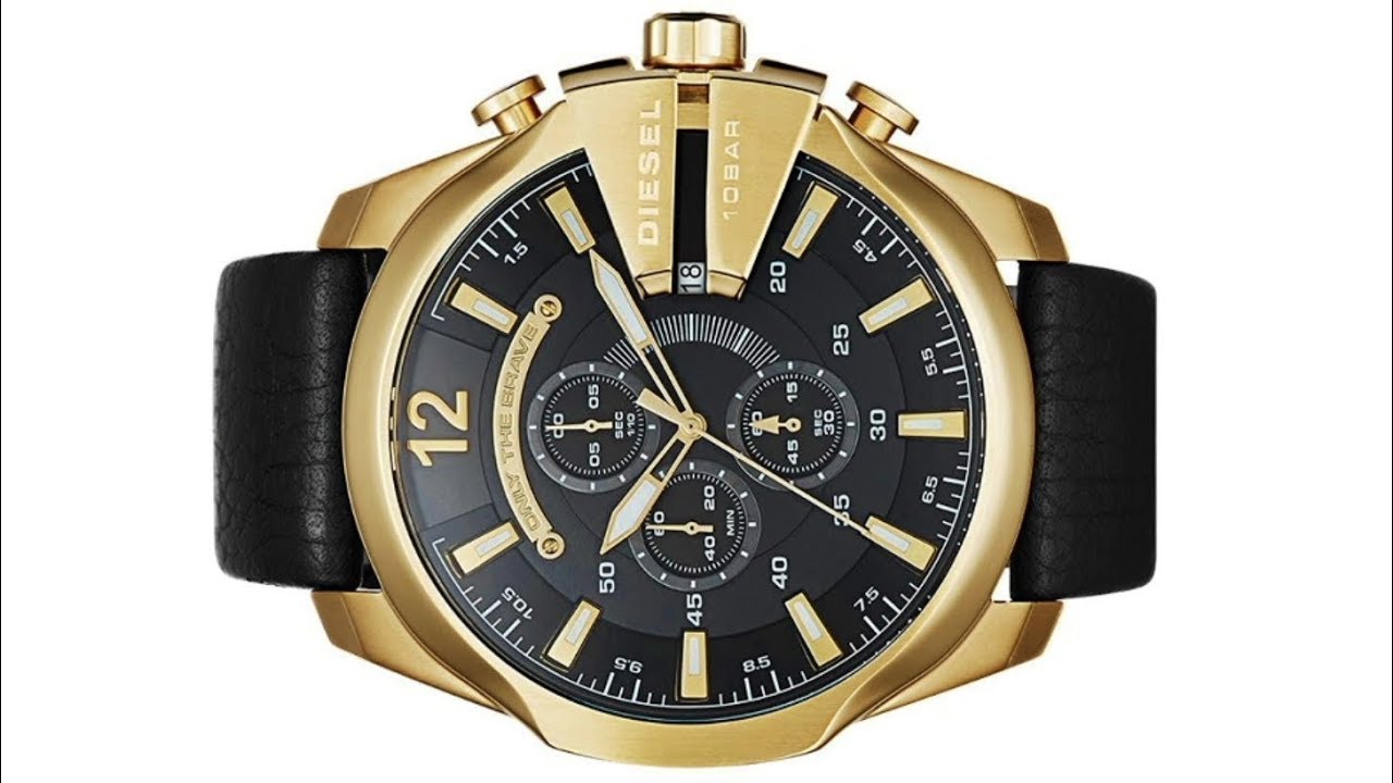 Diesel Mega Chief Gold & Black Dial Black Leather Strap Watch For Men - DZ4344