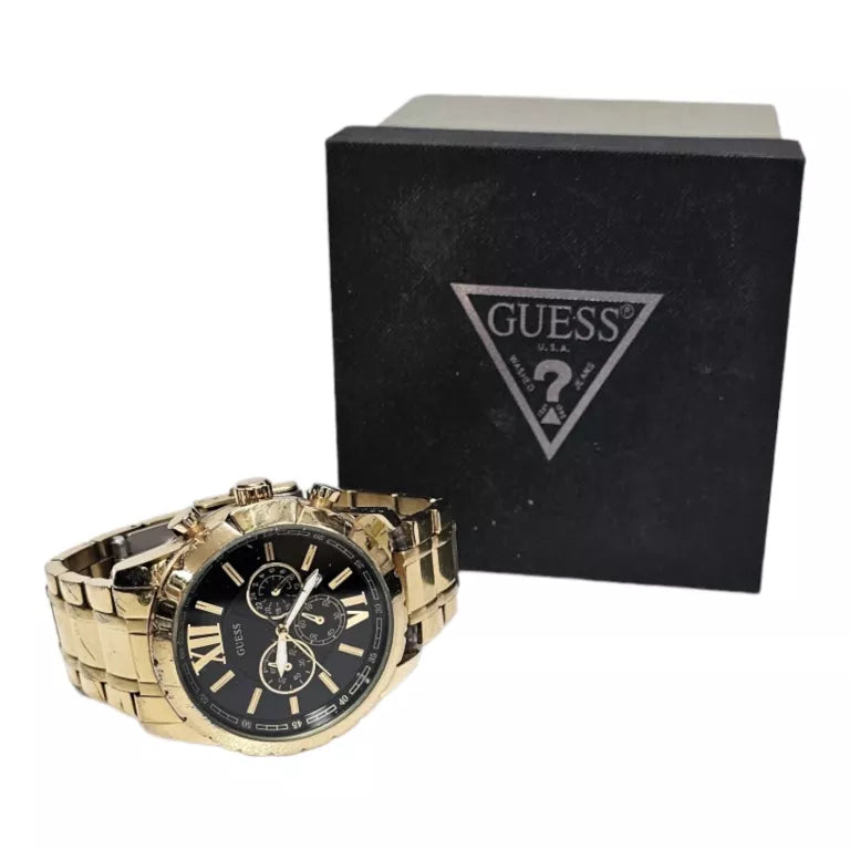 Guess Optic Multifunction Black Dial Gold Steel Strap Watch for Men - W0193G1