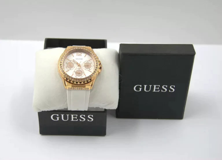 Guess Starlight Diamonds White Dial White Rubber Strap Watch for Women - W0846L5