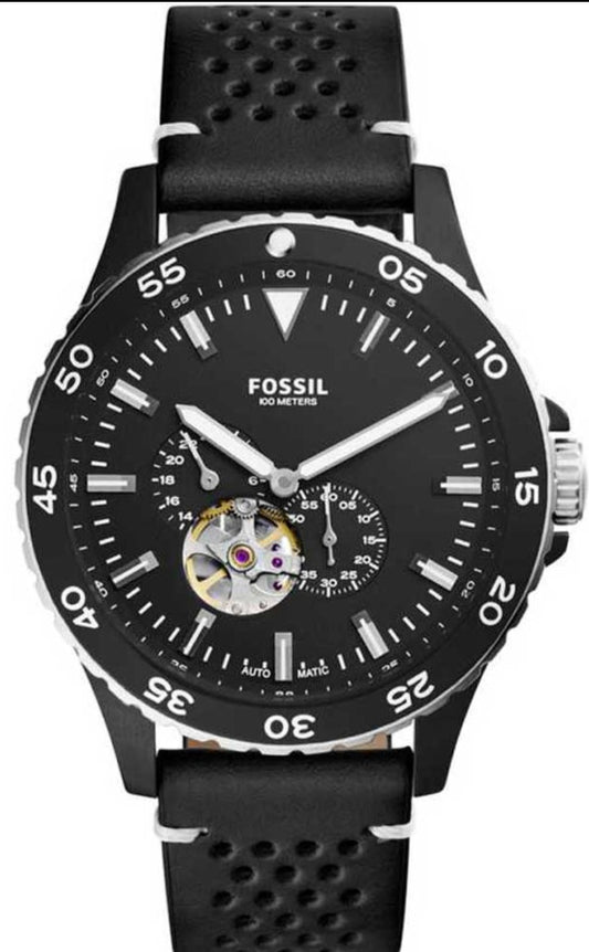 Fossil Crewmaster Sports Automatic Black Dial Black Leather Strap Watch for Men - ME3148