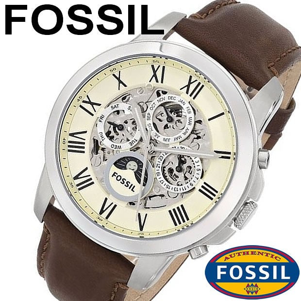 Fossil Grant Automatic Skeleton White Dial Brown Leather Strap Watch for Men -  ME3027