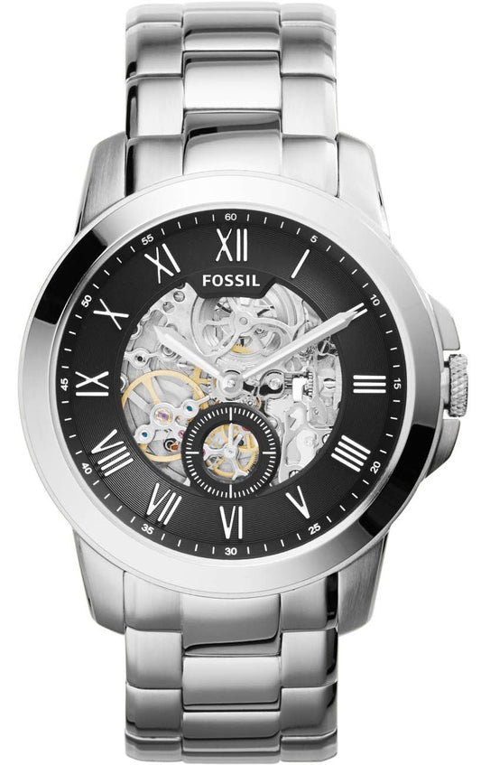 Fossil Grant Skeleton Black Dial Silver Steel Strap Watch for Men - ME3055