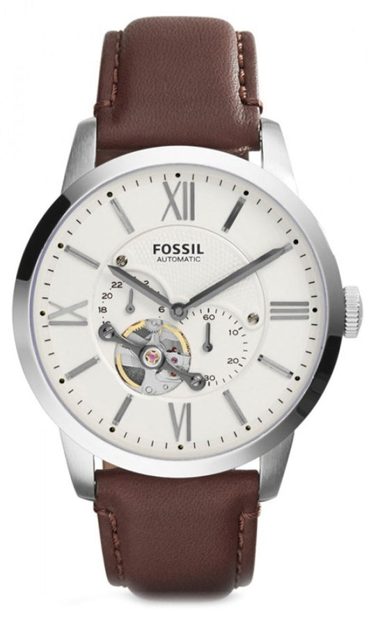 Fossil Townsman Automatic White Dial Brown Leather Strap Watch for Men - ME3064