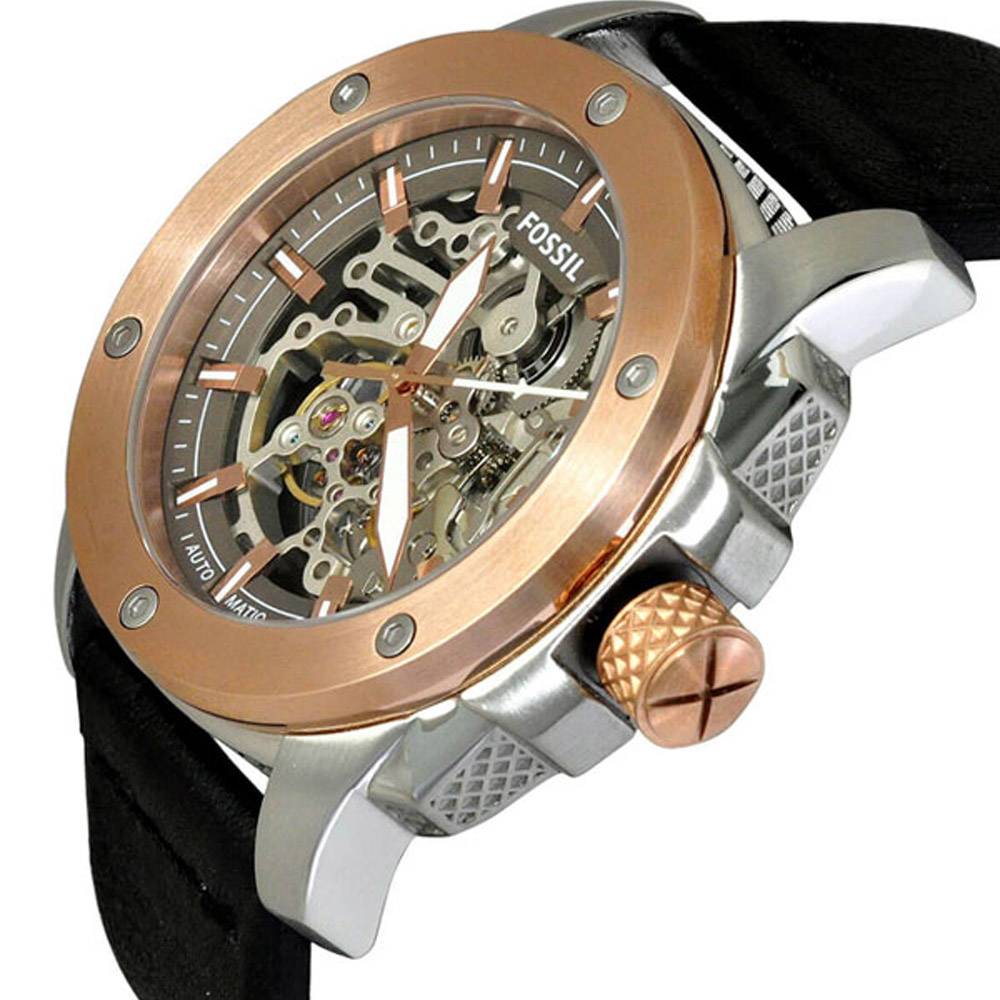 Fossil Modern Machine Automatic Skeleton Silver Dial Black Leather Strap Watch for Men - ME3082