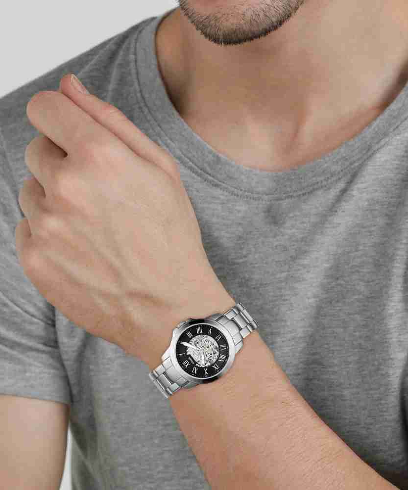 Fossil Grant Automatic Skeleton Black Dial Silver Steel Strap Watch for Men - ME3103